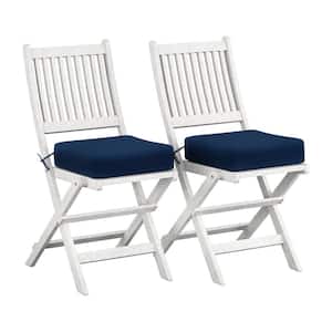 Miramar White Folding Wood Outdoor Dining Chair with Navy Blue Cushion (2-Pack)