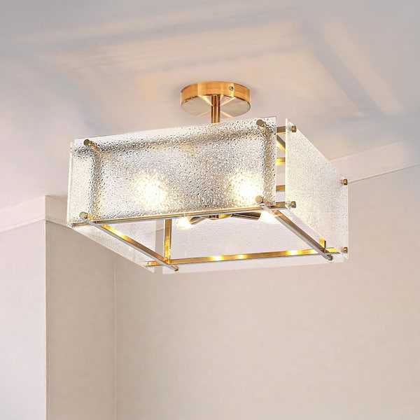 14.57 in. 4-Light Gold Square Industrial Semi-Flush Mount Ceiling Light with Textured Water Glass Shades
