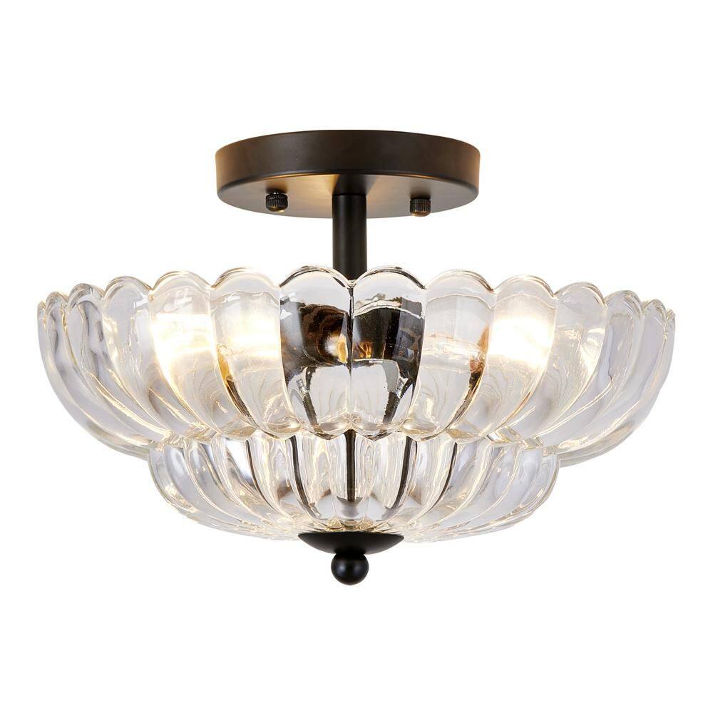 11.8 in. Vintage Bowl Matte Black Smoky Gray Glass Semi-Flush Mount for Living Room, Scalloped Flower Petal price history on PriceWatchPro