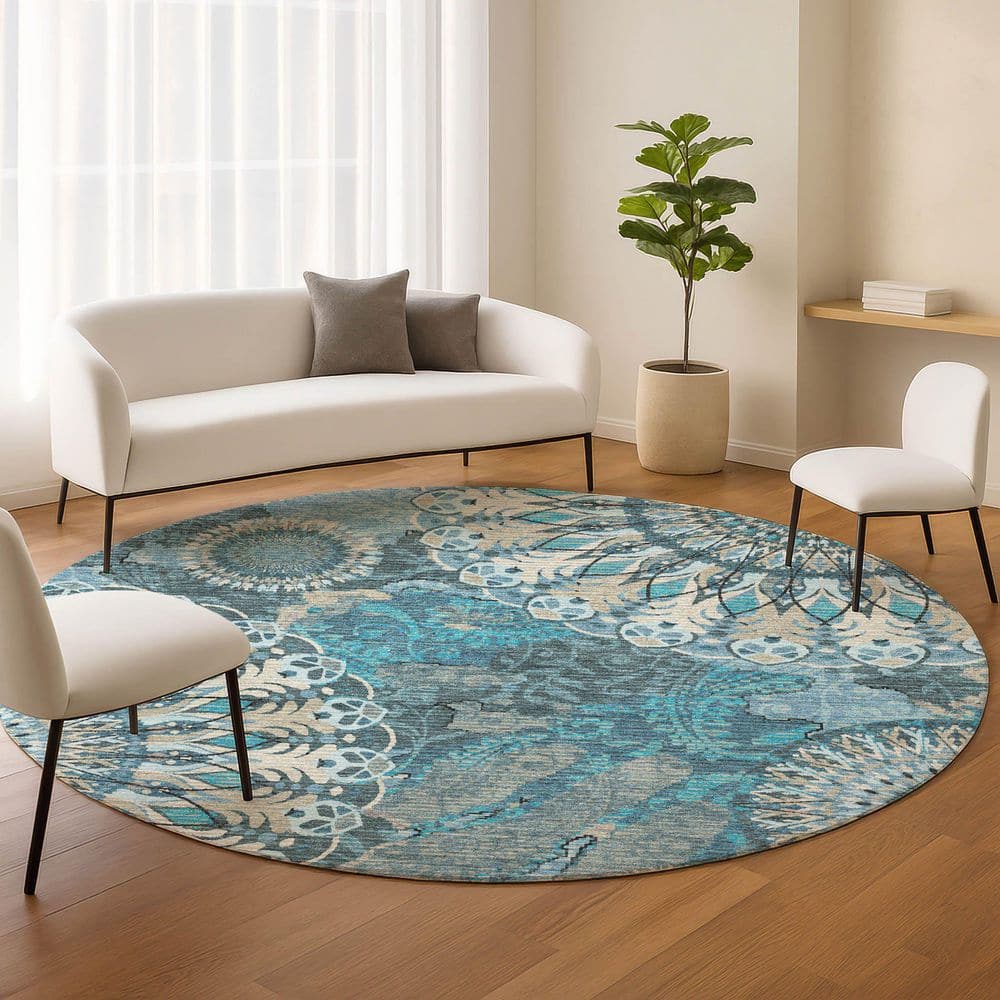 Chantille Machine Washable Indoor/Outdoor Abstract ACN2335 Teal 8 ft. x 8 ft. Round Rug price history on PriceWatchPro