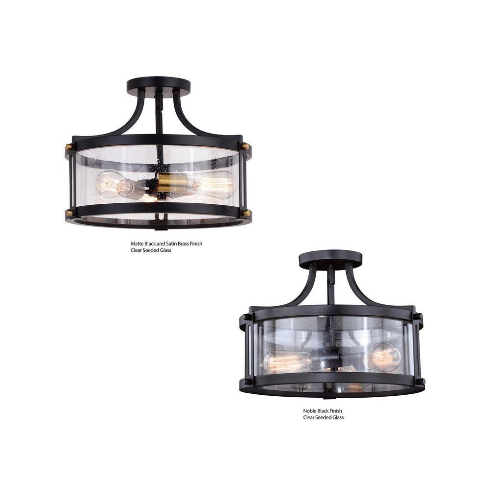Holbrook 15.75" Matte Black & Satin Brass Drum Semi-Flush Mount with Clear Seeded Glass