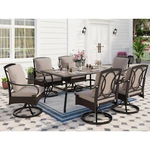 7-Piece Metal Patio Outdoor Dining Set with Rectangle Table Swivel Chairs with Beige Cushions