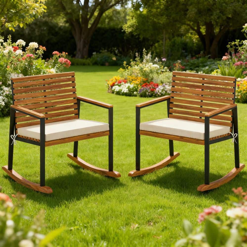 Brown Wood Lawn Outdoor Rocking Chair with Armrest and Cream White ...