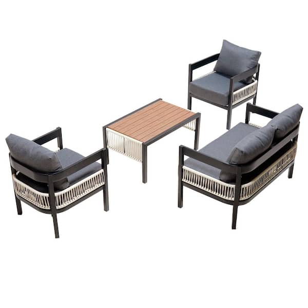 Gray 4-Piece Outdoor Iron Sofa Set with a Table, Rattan Decoration, Waterproof, Rust-Proof, Suitable for Garden
