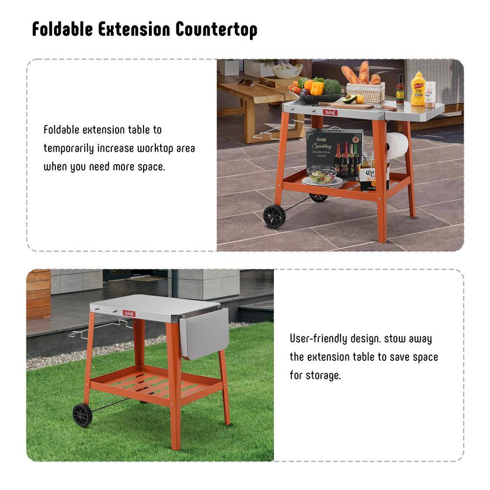 Orange Stainless Steel Outdoor Grill Table Cart with Wheels