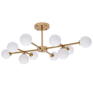 10-Light Gold Modern Bubble Shaped Chandelier for Living Room with White Glass Shade, No Bulbs Included