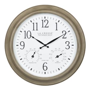 18 in. Indoor/Outdoor Tan Atomic Analog Wall Clock with Temp and Humidity