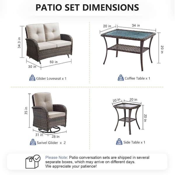 SleekArm 5-Piece Brown Wicker Patio Conversation Set with Olefin Beige Cushion/Glider Loveseat with Patio Swivel Chairs