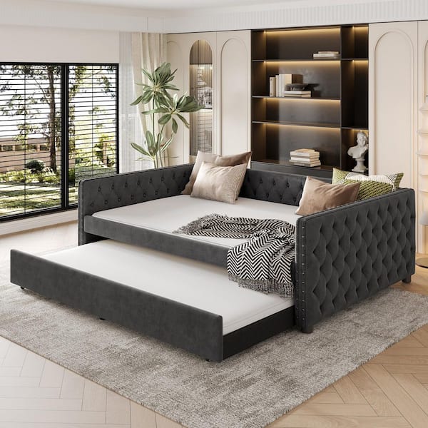 Mid-Century Modern Gray Twin Size Upholstered Daybed with Trundle & Copper Nail