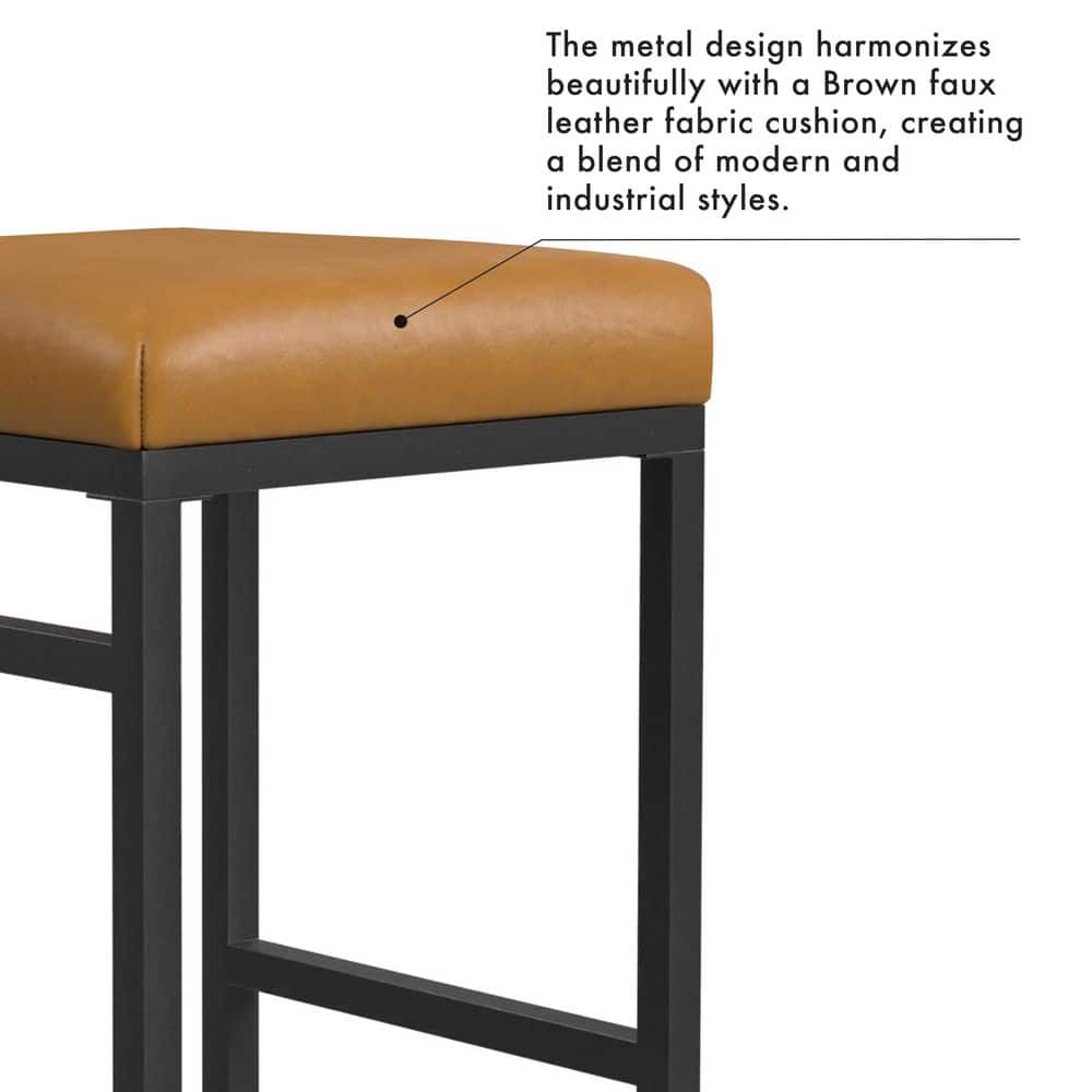 24" Black Metal Counter Height Stool with Carmel Faux Leather Seat