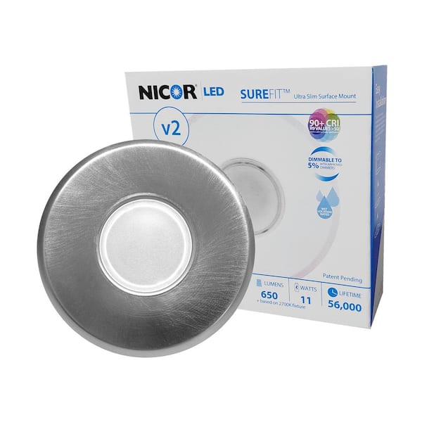 NICOR SureFit(v2) 5.2 in. Round Nickel Ultra Slim LED Flush Mount 3000K