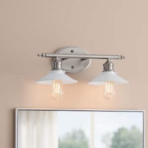 Glenhurst 16 in. 2-Light Industrial Farmhouse White and Brushed Nickel Bathroom Vanity Light Fixture with Metal Shades