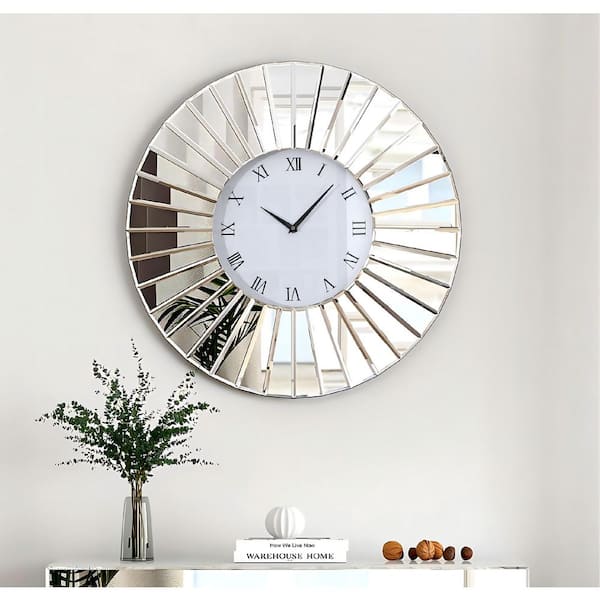 THKSHOUZ Modern Silver 23.62 in. W x 23.62 in. H Round Mirrored Wall Clock