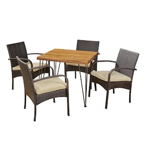 Clayton Multi-Brown 5-Piece Wood and Faux Rattan Outdoor Dining Set with Cream Cushions