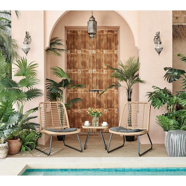 Dwell Home Inc Santorini 3-Piece Natural PE Wicker Patio Conversation Bistro Set with Grey Cushions