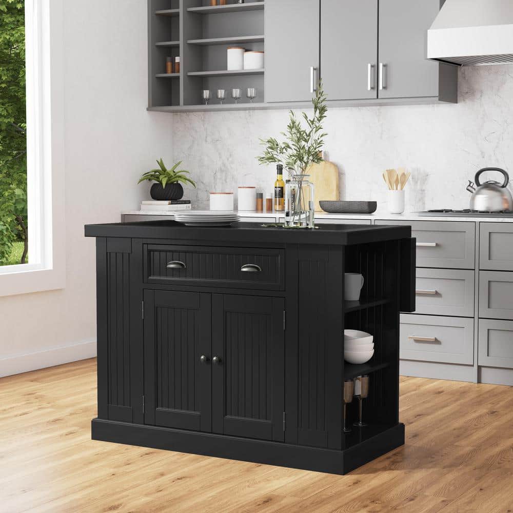 Nantucket 48" Distressed Black Wood Kitchen Island with Granite Top