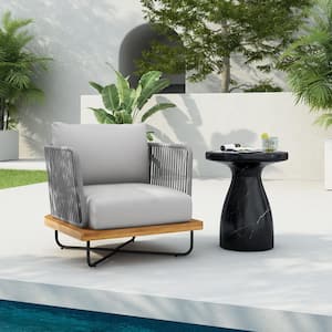 Metal and Wood Outdoor Lounge Chair with Light Gray Cushions, Light Gray Rope, Single Chair