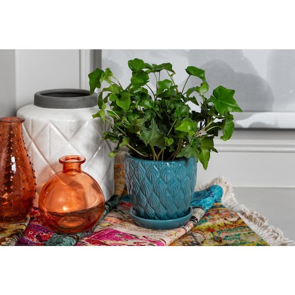 Vigoro 4 in. Colusa Small Teal Leaf Textured Ceramic Planter (3.9 in. D x  3.9 in. H) with Drainage Hole and Attached Saucer 527385 - The Home Depot