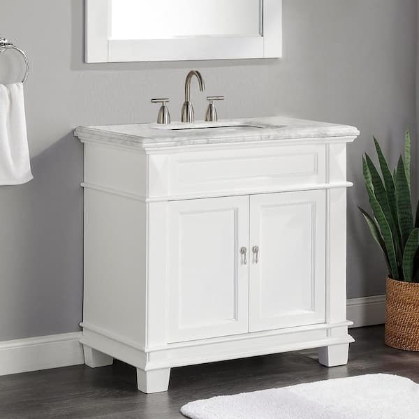 Dorian 36 in. W x 22 in. D x 35.63 in. H Single Sink Freestanding Bath Vanity in Matte White with Carrara Marble Top
