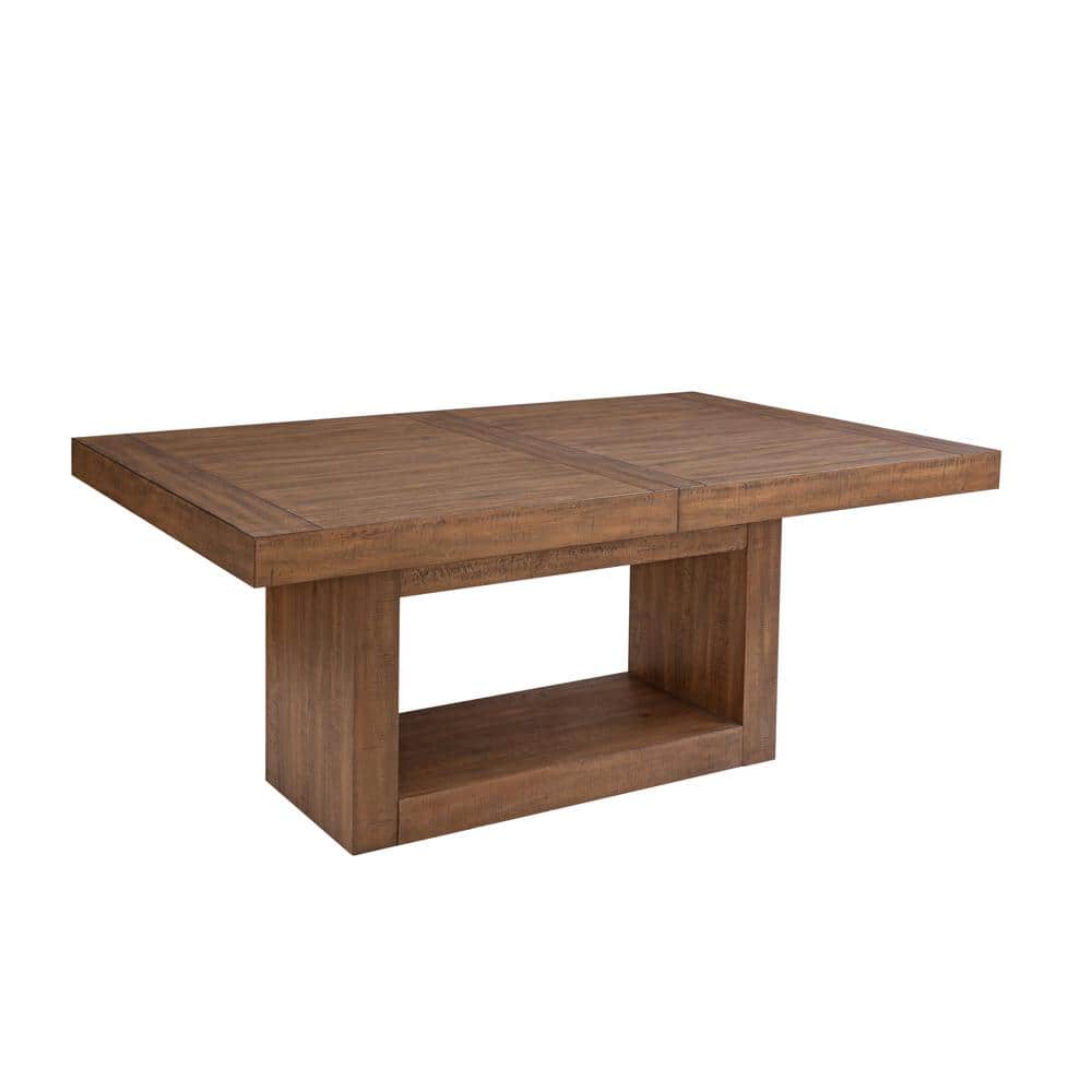 Caramel Wood 7-Piece Trestle Dining Set with Beige Upholstered Chairs