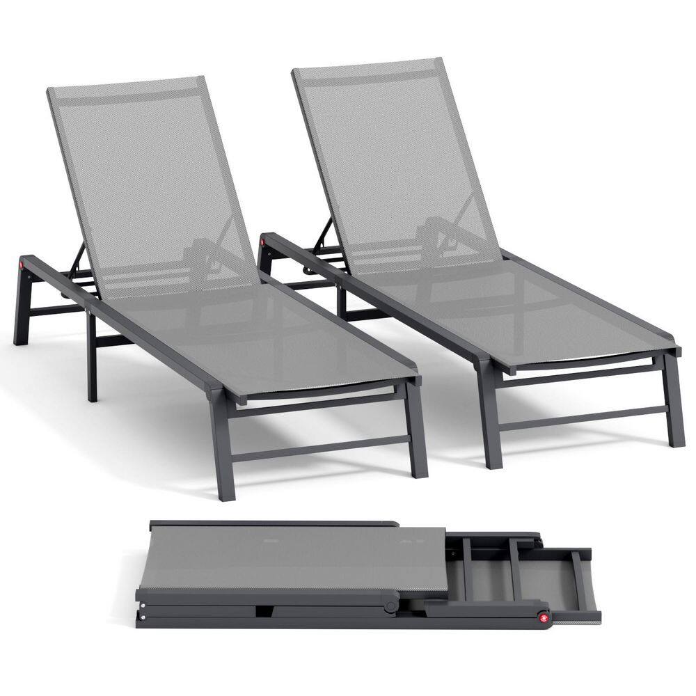 Assemble-Free Aluminum Outdoor Chaise Lounge, Patio Lounger with 5-Position Adjustable Backrest, Gray 2 Pieces price history on PriceWatchPro
