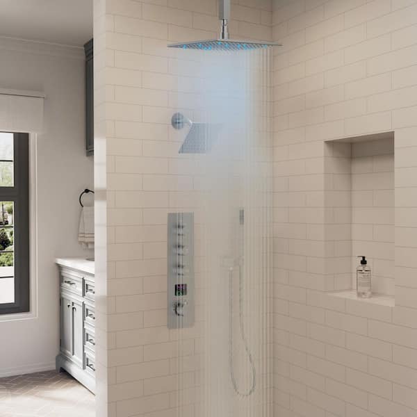 IntelliFlow 3-Color LED Quadruple Handle 7-Spray Shower Faucet 2.5 GPM with High Pressure, Anti Scald in Brushed Nickel