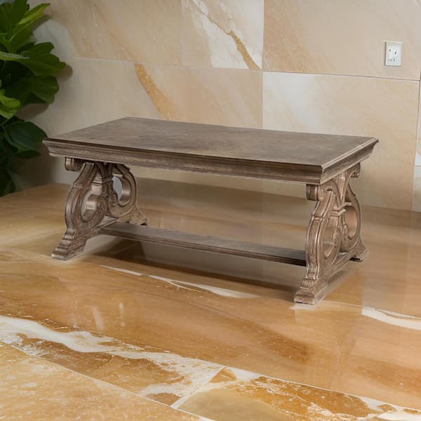 Benjara Gia 28 in. Brown Rectangle Wood Coffee Table with Carved Details