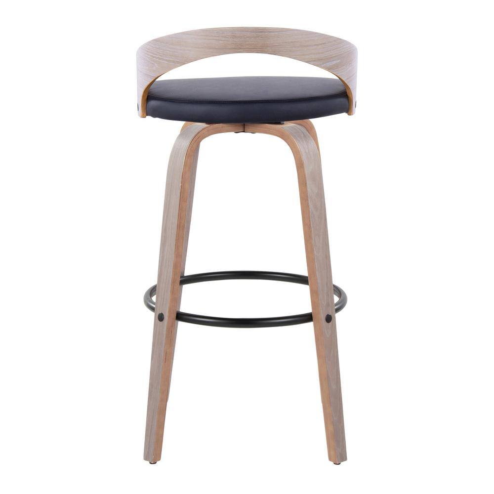 Light Grey Wood and Black Metal Swivel Bar Stool with Faux Leather Seat