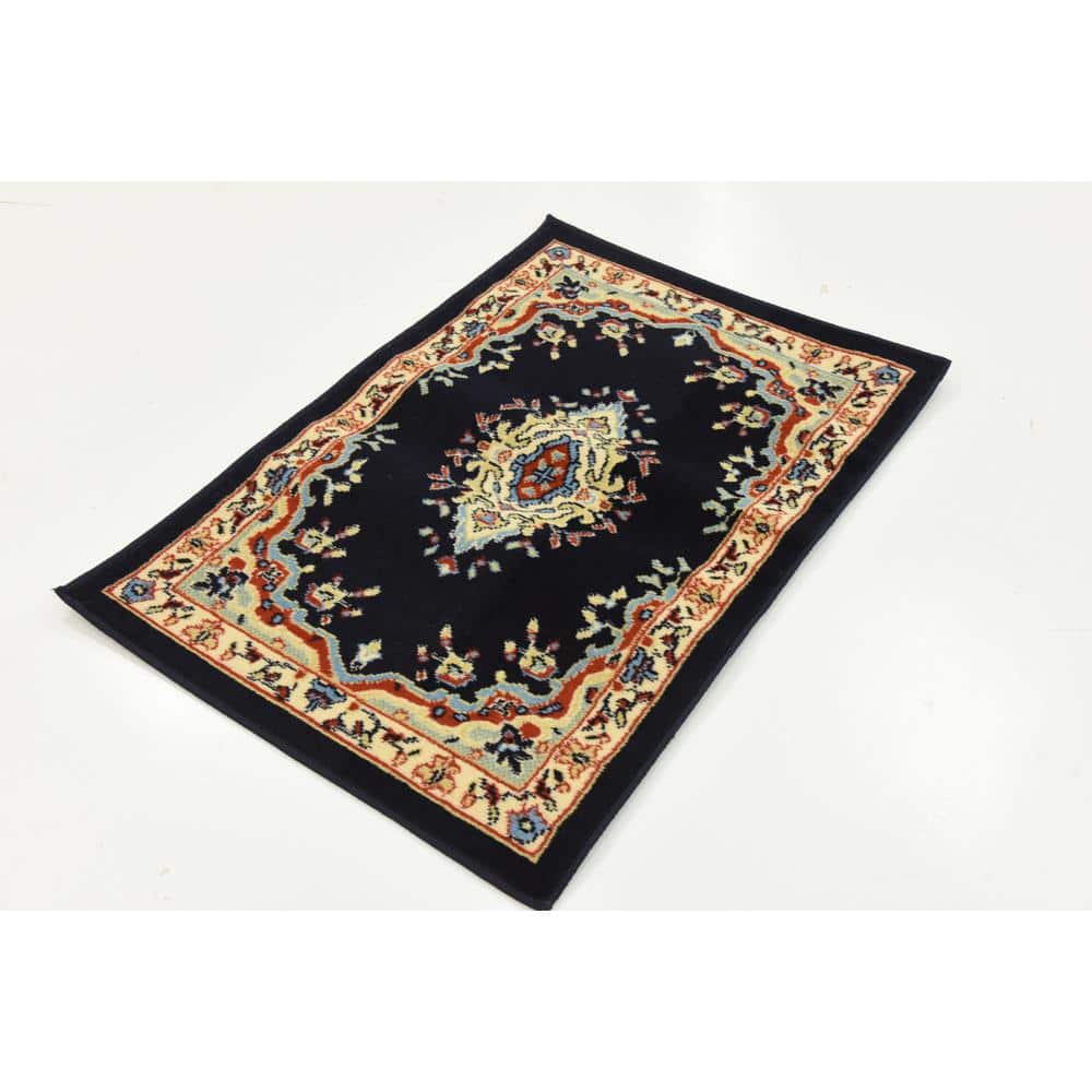 Handmade Navy Blue Rectangular Medallion Synthetic Rug