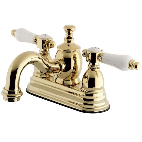 Kingston Brass French Porclain 4 in. Centerset 2-Handle Mid-Arc Bathroom Faucet in Polished Brass