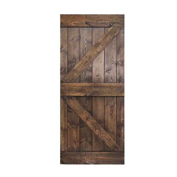 ISLIFE K Style 38 in. x 84 in. Dark Walnut Finished Solid Wood Sliding Barn Door Slab - Hardware Kit Not Included