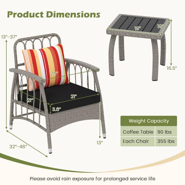 3-Piece PE Wicker Outdoor Bistro Furniture Set with 5-Level Adjustable Backrest Black Cushions