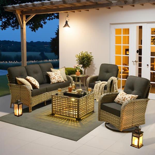 Beverly Gray 5-Piece Wicker Outdoor Patio Conversation Sofa Set with Swivel Rocking Chairs and Black Cushions