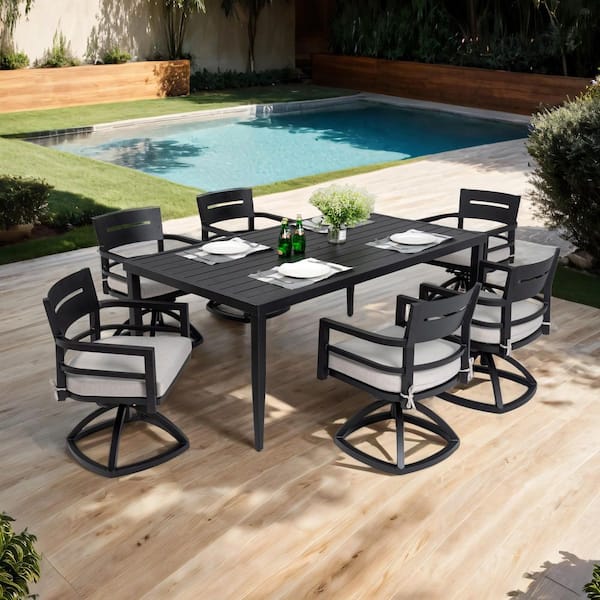 7-Piece Aluminum Outdoor Dining Set Furniture, Swivel chair with Table, Sunbrella Cushion White with Umbrella Hole