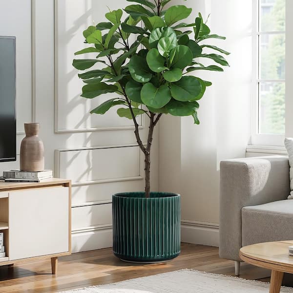 LuxenHome 13.8 in. Jade Green Ribbed Round Ceramic Floor