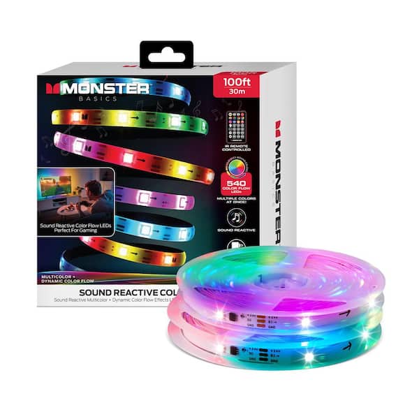 100ft USB Powered RGB Color Flow Sound-Reactive LED Strip Light with Remote Control, 1 Pack