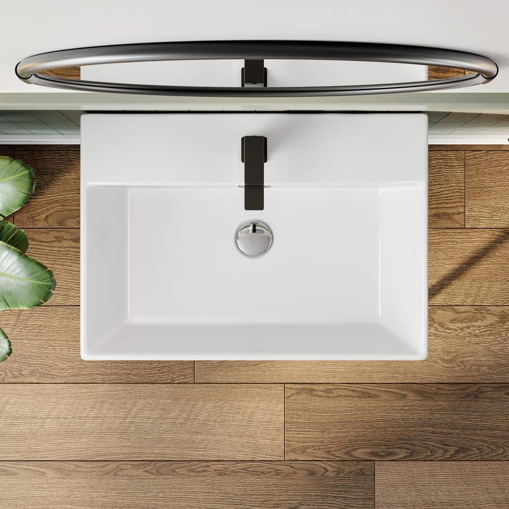 24" White Ceramic Wall-Mount Bathroom Console Sink with Black Legs