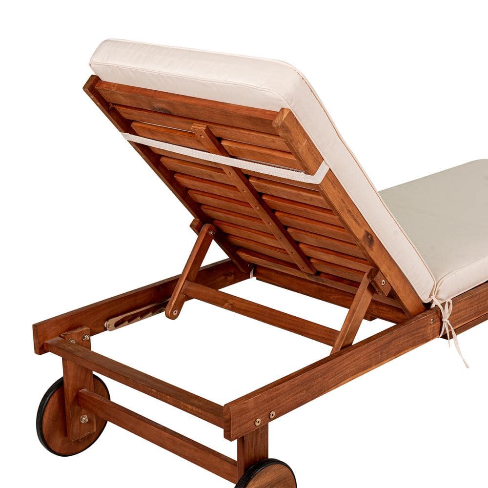 Seabrook 69" Acacia Wood Outdoor Lounger with Cream Cushion and Slide Table