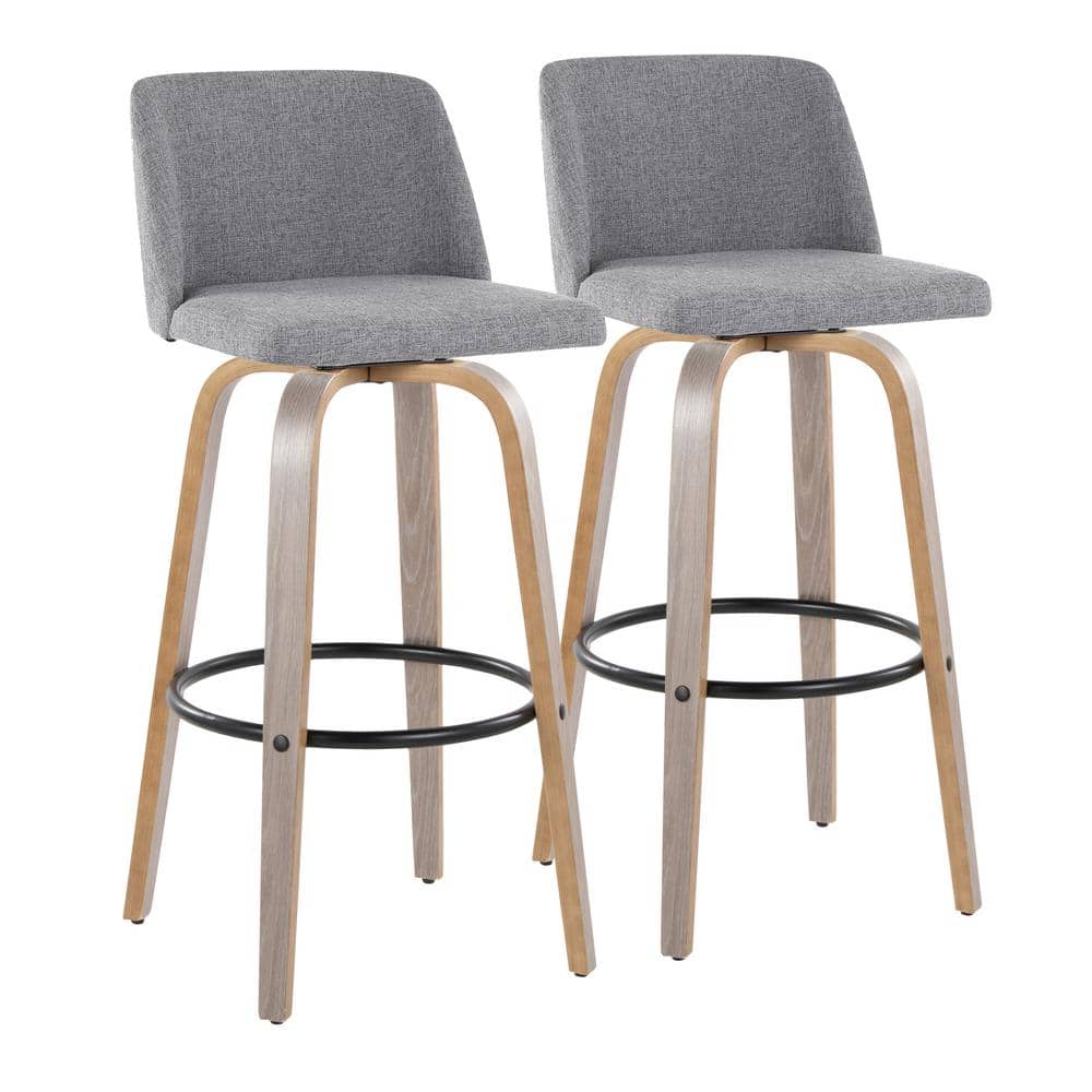 Gray Upholstered Swivel Barstool with Light Wood Legs