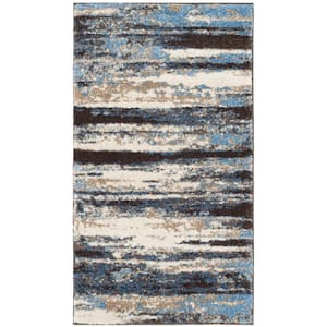 Retro Cream/Blue Doormat 3 ft. x 4 ft. Striped Area Rug