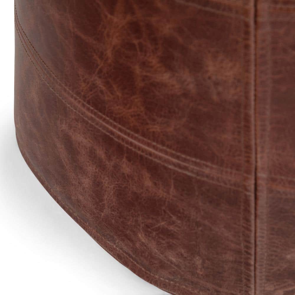 Connor Round Distressed Brown Leather Pouf