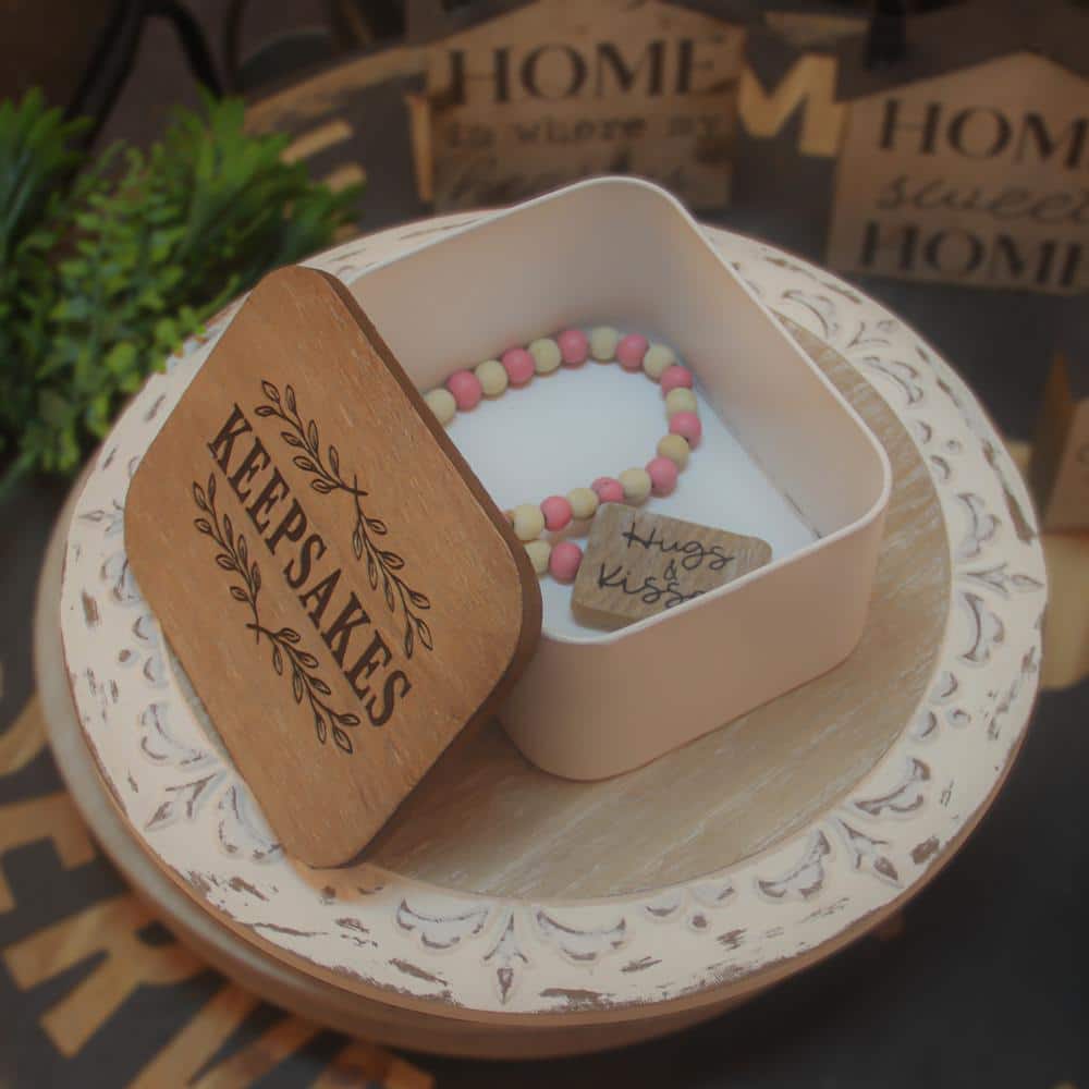 White and Brown Farmhouse Wood Keepsakes Storage Box with Engraved Lid
