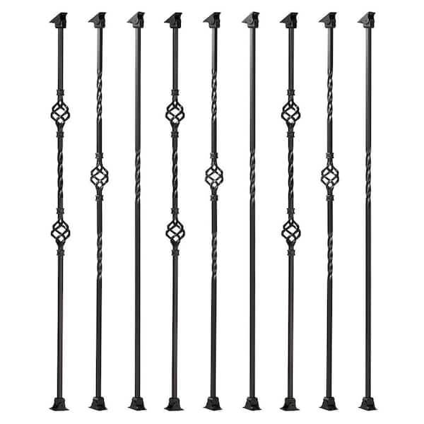 44 in. x 1.5 in. Double Twist Iron Balusters and Swivel Shoes in Satin Black-(9-Pack)
