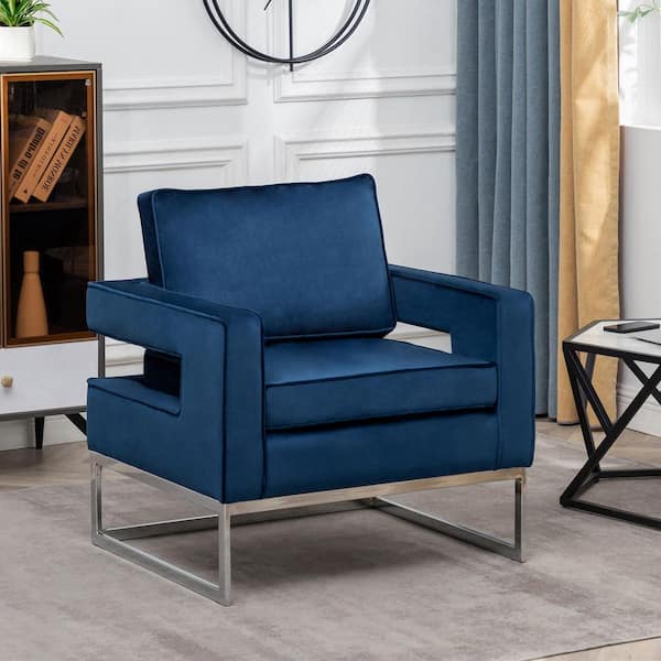 Convenience Concepts Take a Seat Carrie 32 in. Navy Blue Velvet Arm Chair with Silver Frame(Set of 1)