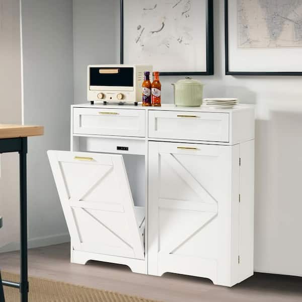 Smart Kitchen Trash Cabinet White MDF 39.37 in. Sideboard 13 Gallon Dog Proof with Ozone and Charging Station