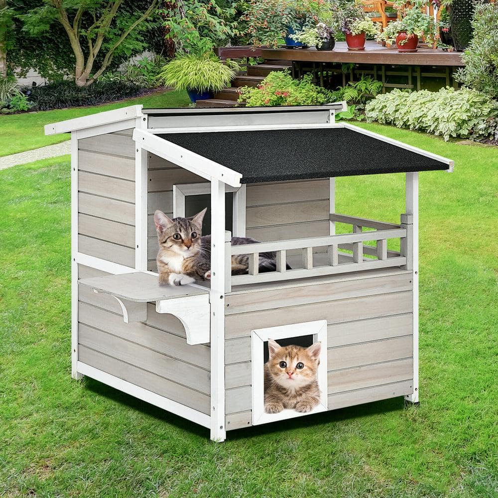 Gray and White 2-Story Wooden Outdoor Cat House with Balcony