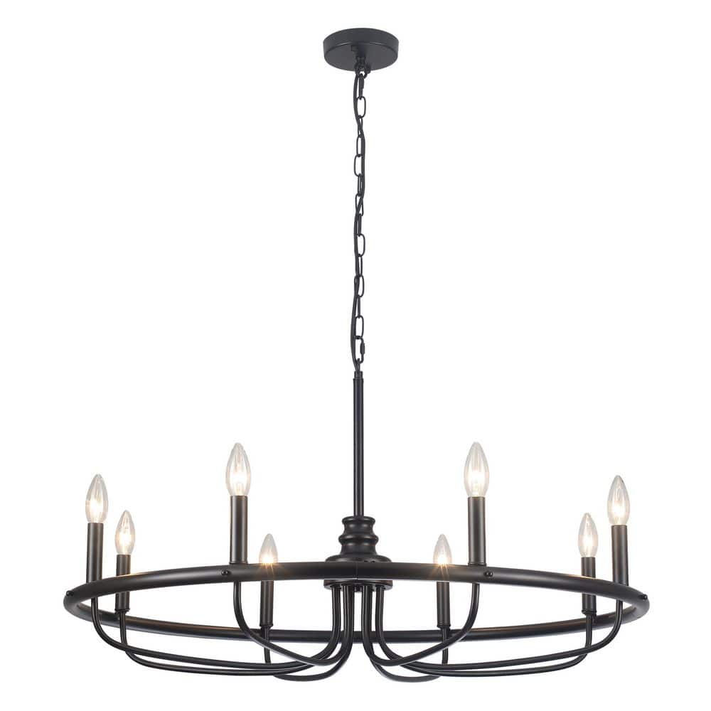 8-Light 33.8 in. Matte Black Industrial Candle Style Wagon Wheel Chandelier for Dining Room Entryway Foyer price history on PriceWatchPro