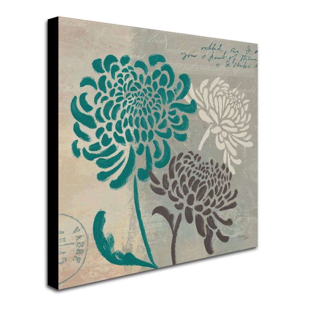 Chrysanthemums I Teal and Gray Canvas Wall Art