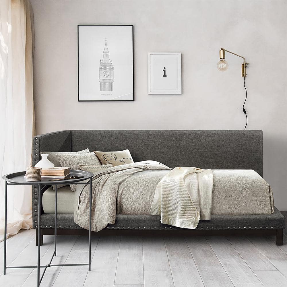 Twin Dark Gray Upholstered Wood Frame Daybed with Nailhead Trim