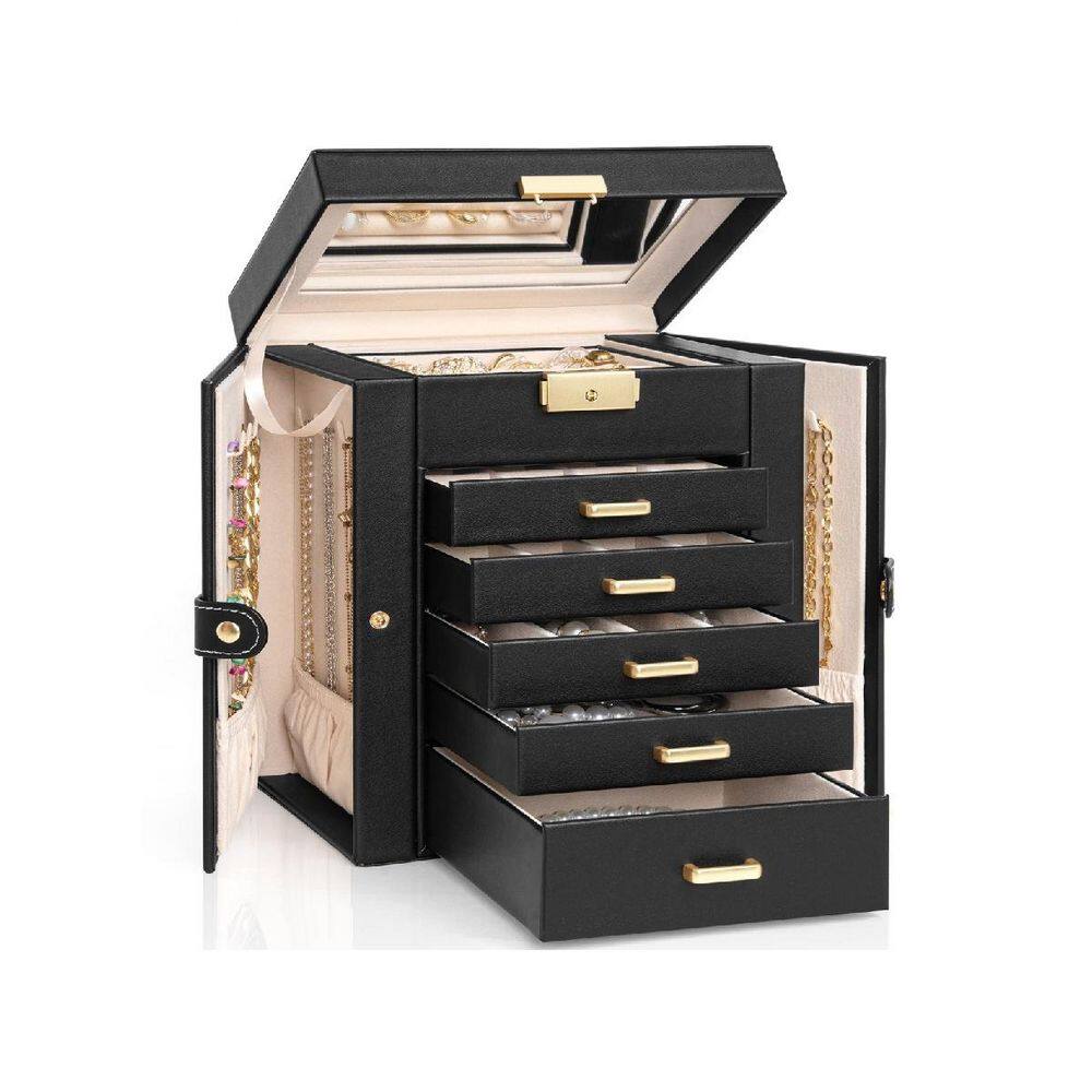 5 Layer 6"D x 11"W x 11"H Black Faux Leather Jewelry Organizer Box with ...